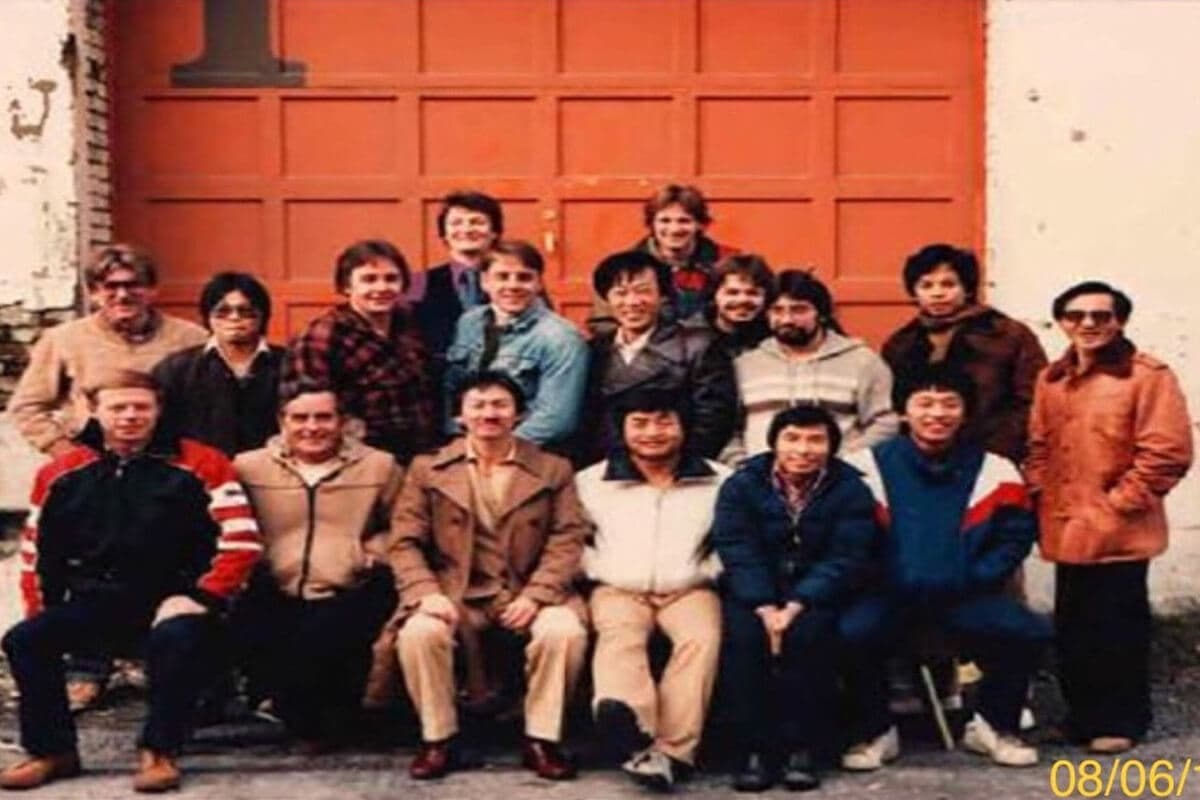 The Rolls Right crew in front of the shop doors, 1980s